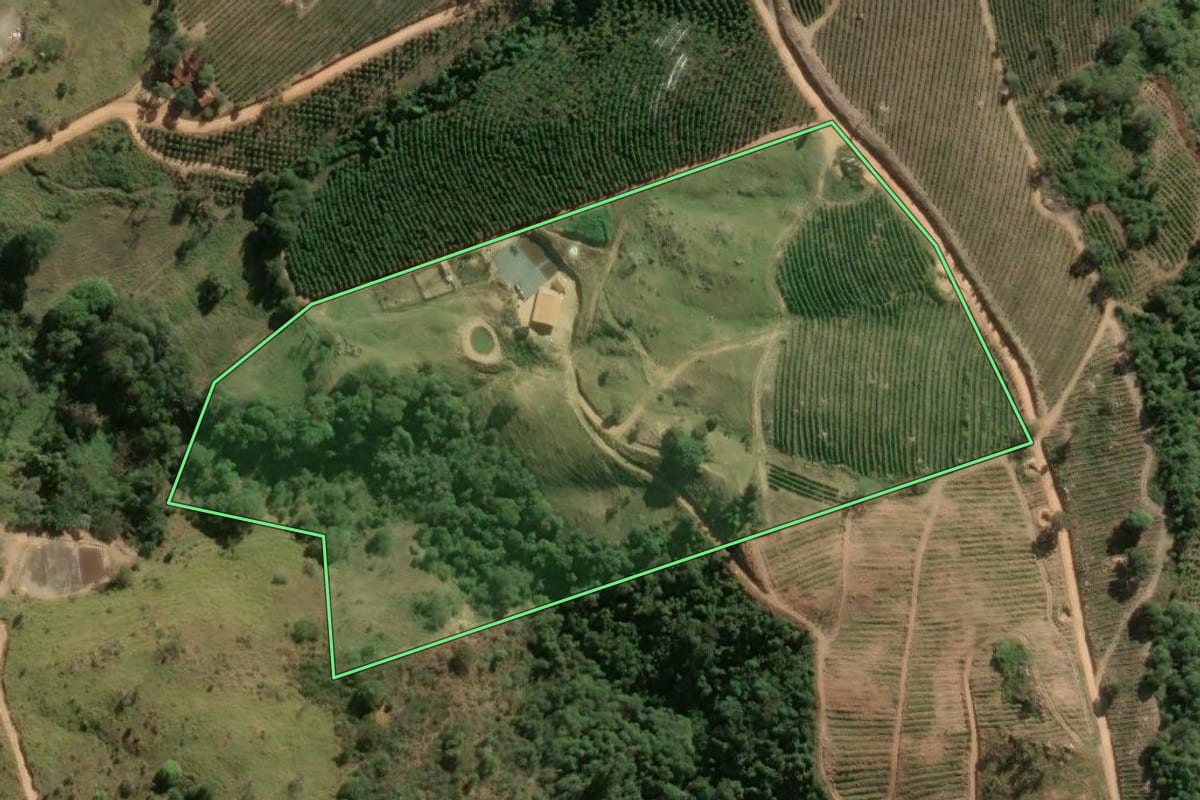 Imagem de satélite do imóvel rural em Divinolândia (SP), com o contorno declarado no CAR desenhado por cima.