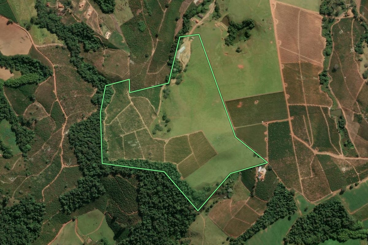 Imagem de satélite do imóvel rural em Divinolândia (SP), com o contorno declarado no CAR desenhado por cima.