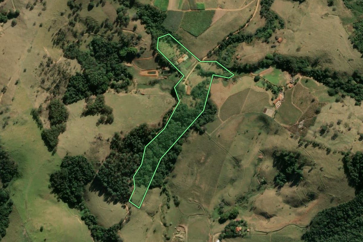Imagem de satélite do imóvel rural em Divinolândia (SP), com o contorno declarado no CAR desenhado por cima.