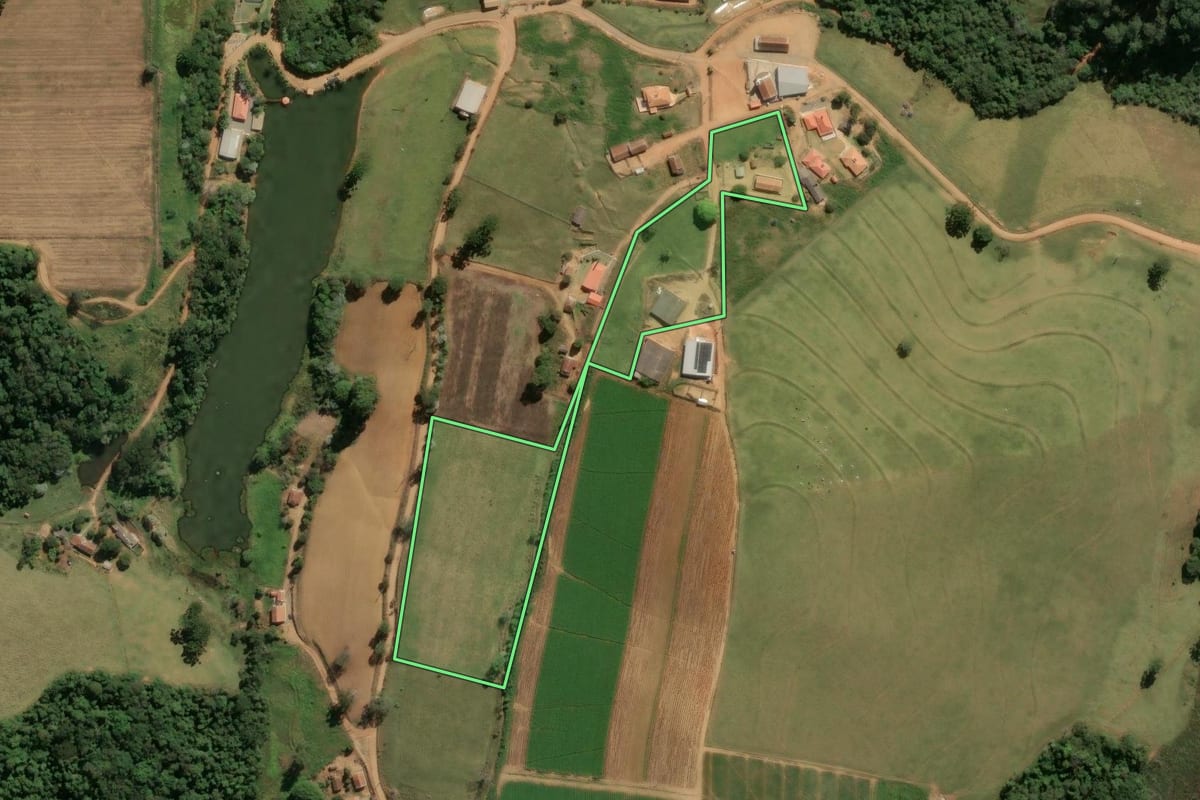 Imagem de satélite do imóvel rural em Divinolândia (SP), com o contorno declarado no CAR desenhado por cima.
