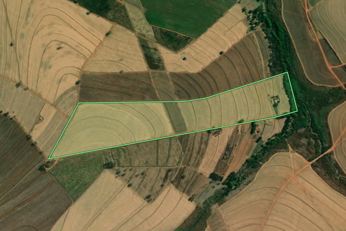 Imagem de satélite do imóvel rural em Dobrada (SP), com o contorno declarado no CAR desenhado por cima.