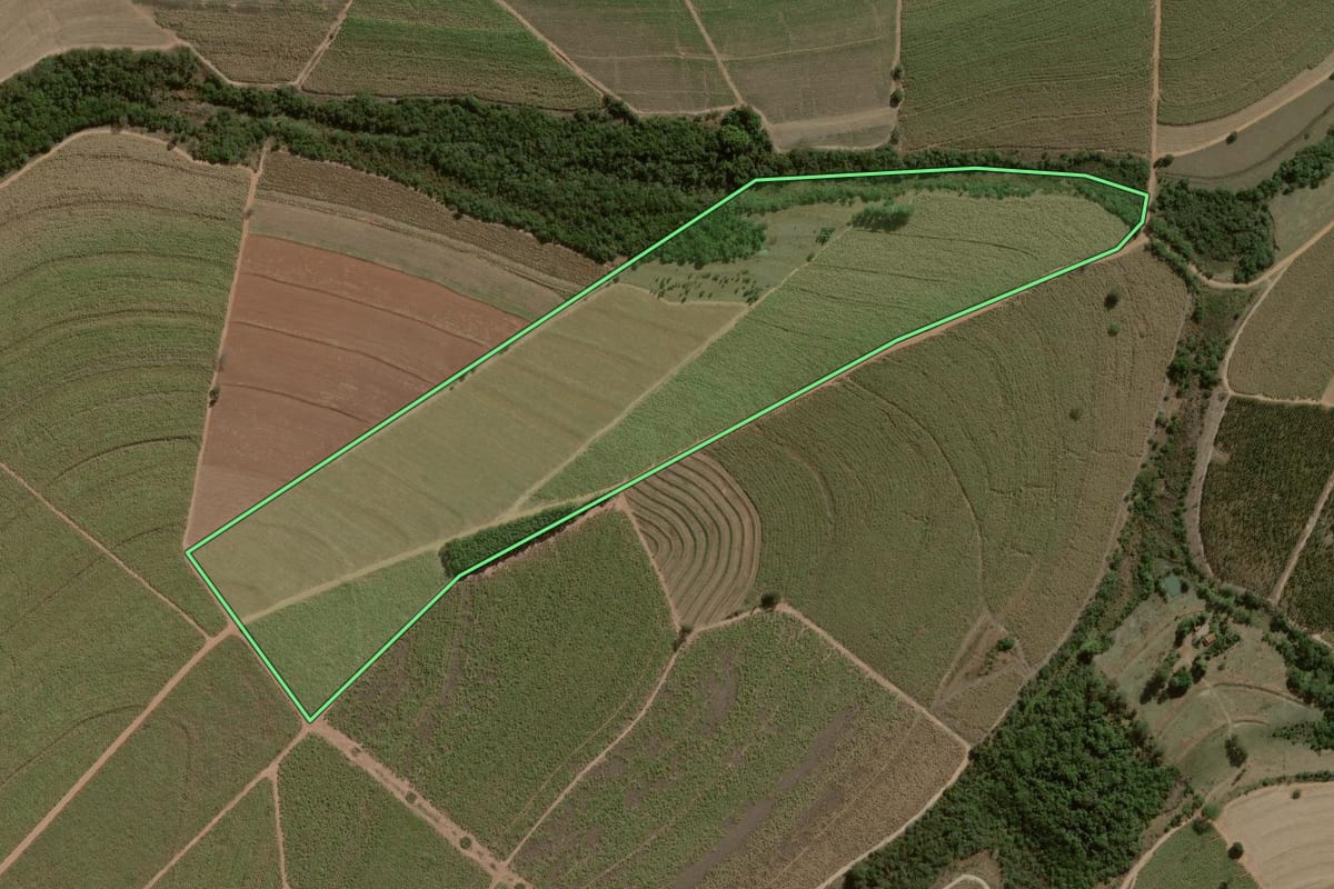 Imagem de satélite do imóvel rural em Dois Córregos (SP), com o contorno declarado no CAR desenhado por cima.