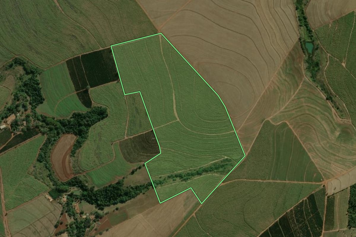 Imagem de satélite do imóvel rural em Dois Córregos (SP), com o contorno declarado no CAR desenhado por cima.