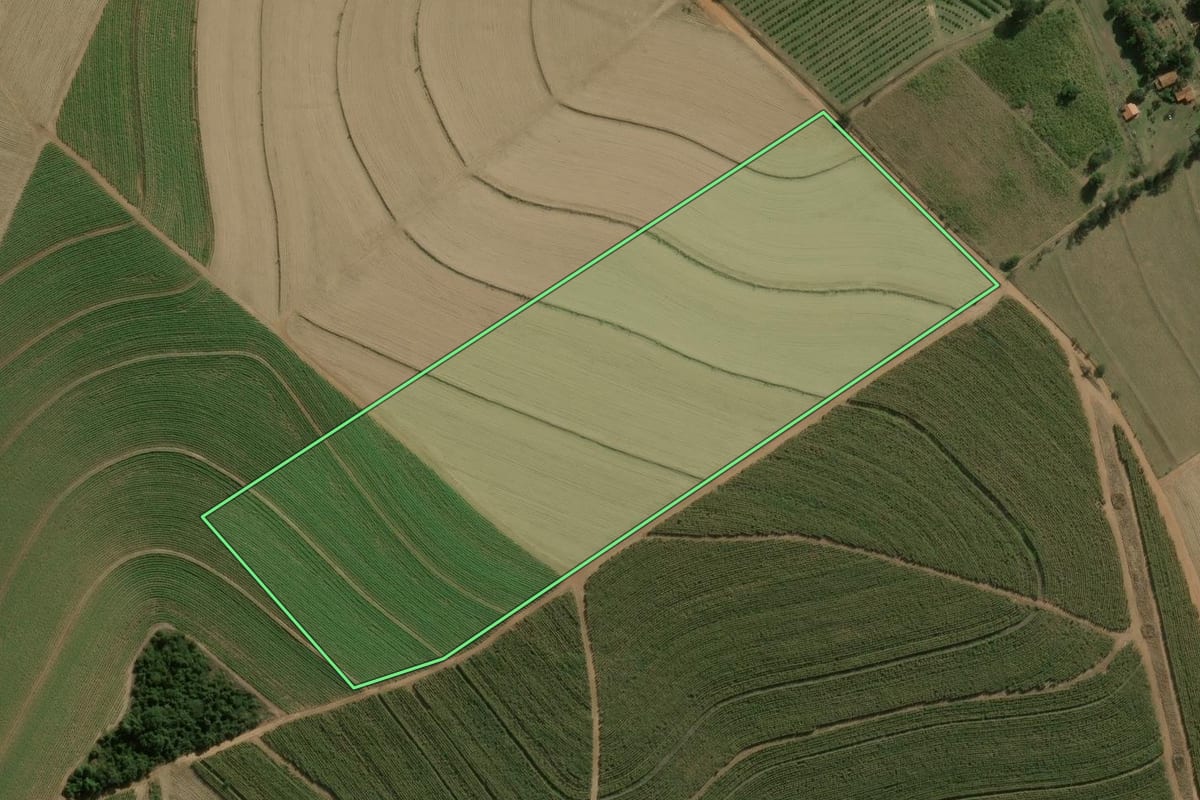 Imagem de satélite do imóvel rural em Dois Córregos (SP), com o contorno declarado no CAR desenhado por cima.