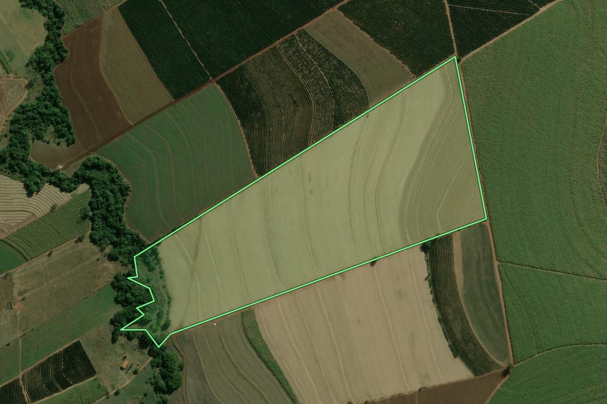 Imagem de satélite do imóvel rural em Dois Córregos (SP), com o contorno declarado no CAR desenhado por cima.