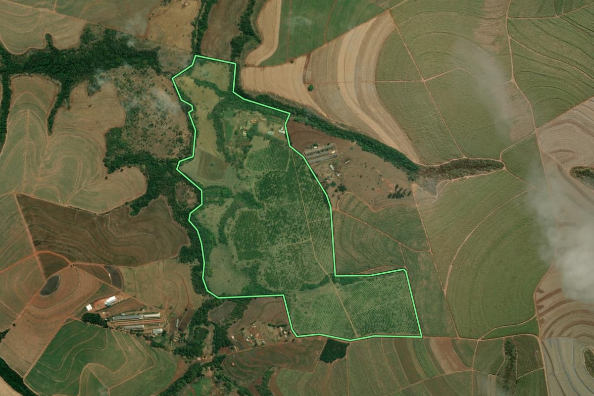 Imagem de satélite do imóvel rural em Dois Córregos (SP), com o contorno declarado no CAR desenhado por cima.