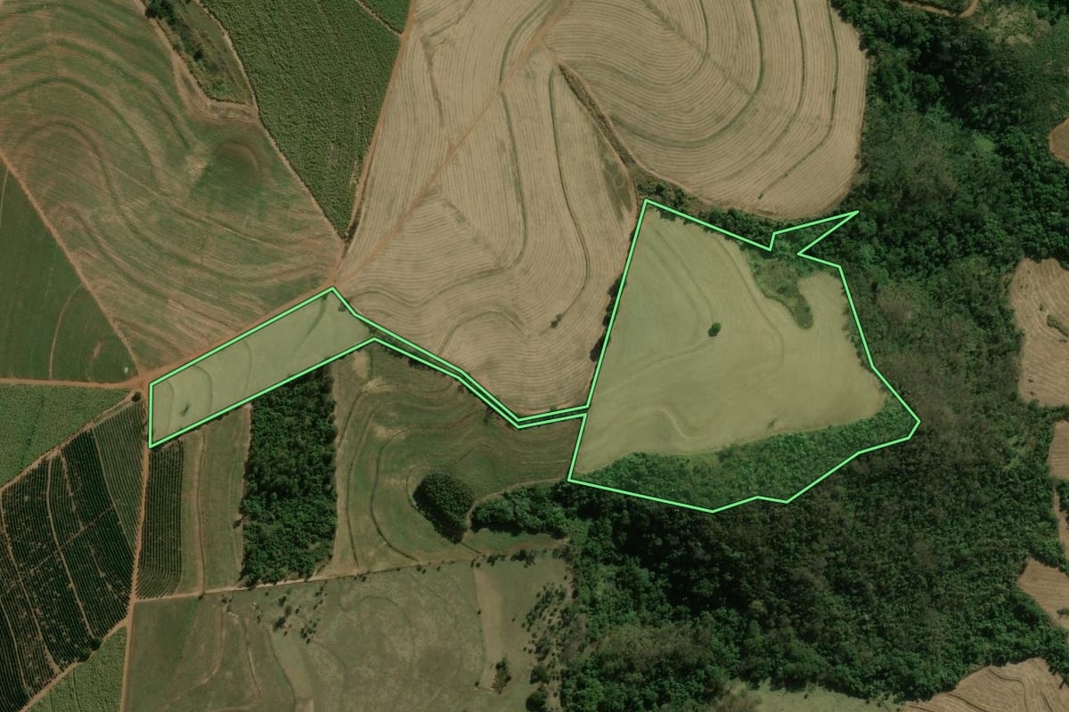 Imagem de satélite do imóvel rural em Dois Córregos (SP), com o contorno declarado no CAR desenhado por cima.