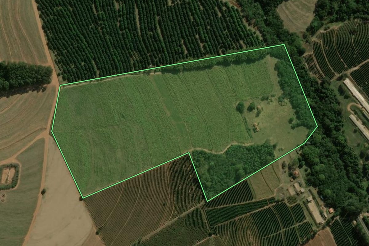 Imagem de satélite do imóvel rural em Dois Córregos (SP), com o contorno declarado no CAR desenhado por cima.