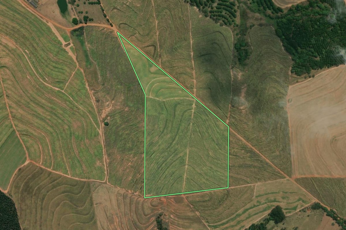 Imagem de satélite do imóvel rural em Dois Córregos (SP), com o contorno declarado no CAR desenhado por cima.