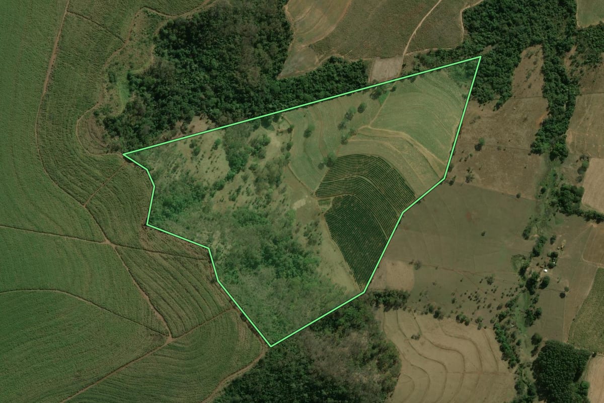Imagem de satélite do imóvel rural em Dois Córregos (SP), com o contorno declarado no CAR desenhado por cima.