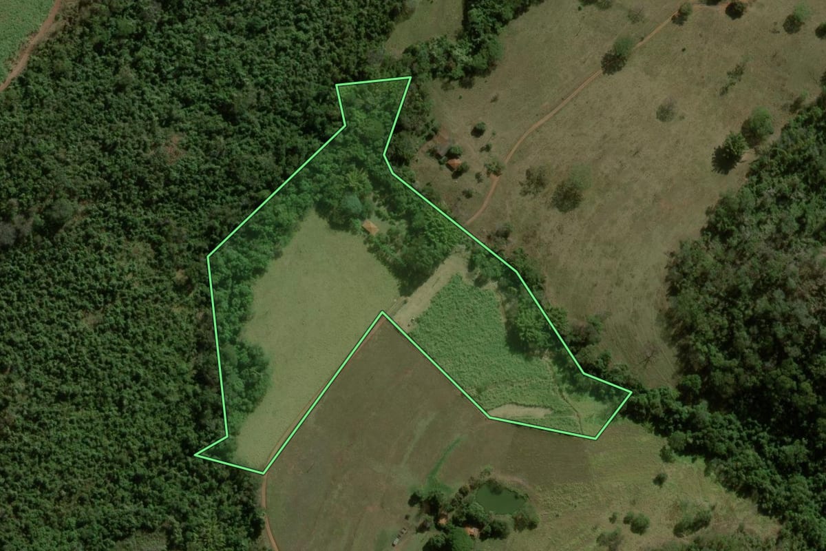 Imagem de satélite do imóvel rural em Dourado (SP), com o contorno declarado no CAR desenhado por cima.
