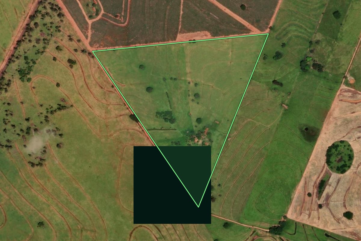 Imagem de satélite do imóvel rural em Dracena (SP), com o contorno declarado no CAR desenhado por cima.