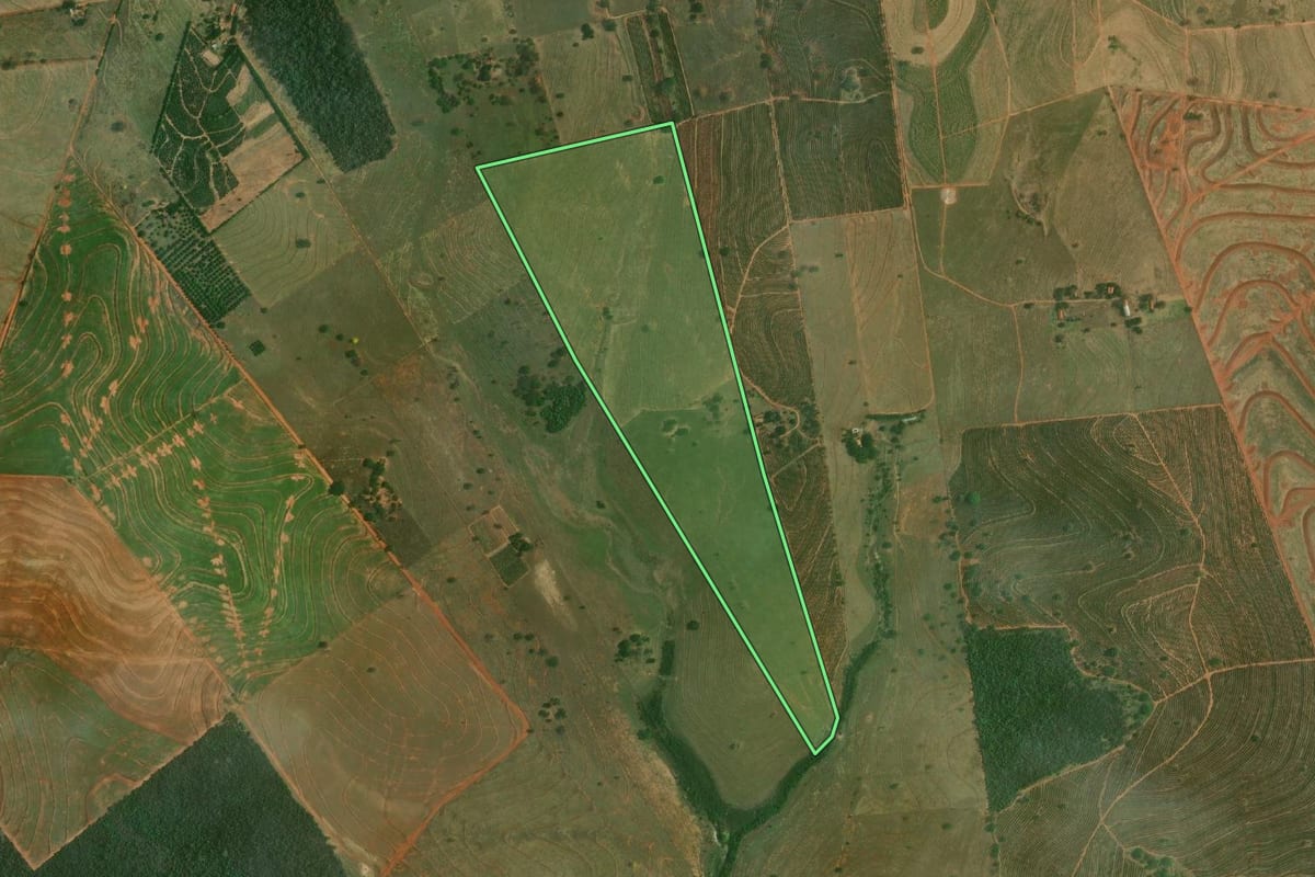Imagem de satélite do imóvel rural em Dracena (SP), com o contorno declarado no CAR desenhado por cima.