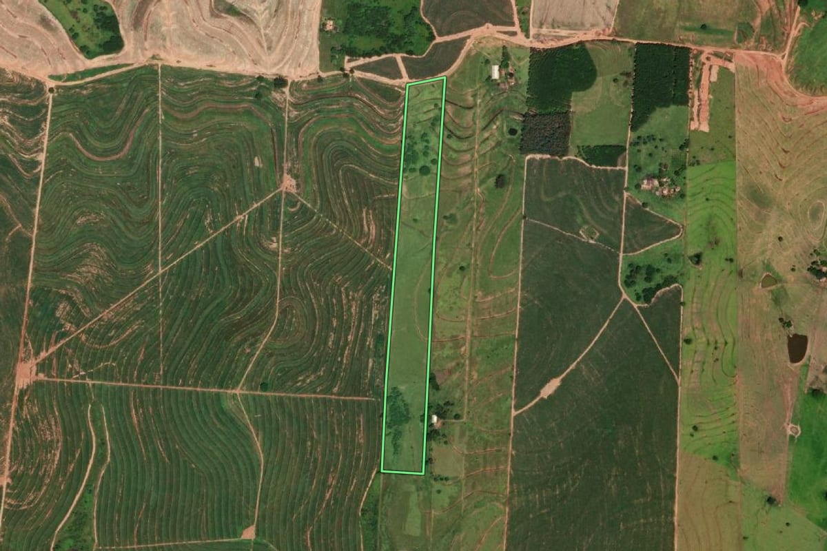 Imagem de satélite do imóvel rural em Dracena (SP), com o contorno declarado no CAR desenhado por cima.