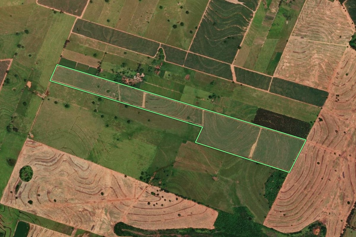 Imagem de satélite do imóvel rural em Dracena (SP), com o contorno declarado no CAR desenhado por cima.