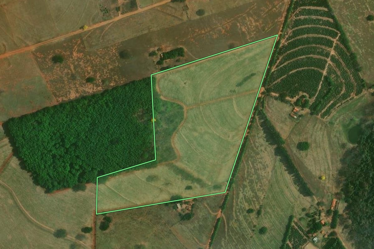Imagem de satélite do imóvel rural em Dracena (SP), com o contorno declarado no CAR desenhado por cima.