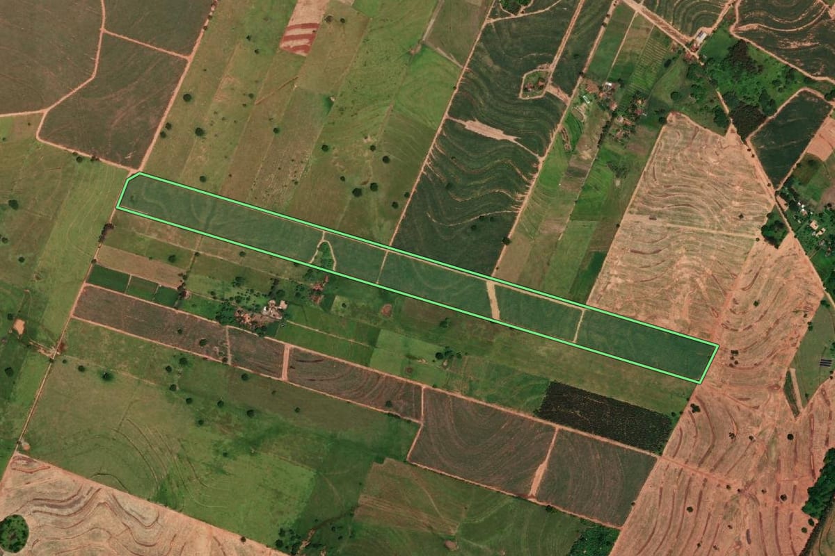 Imagem de satélite do imóvel rural em Dracena (SP), com o contorno declarado no CAR desenhado por cima.