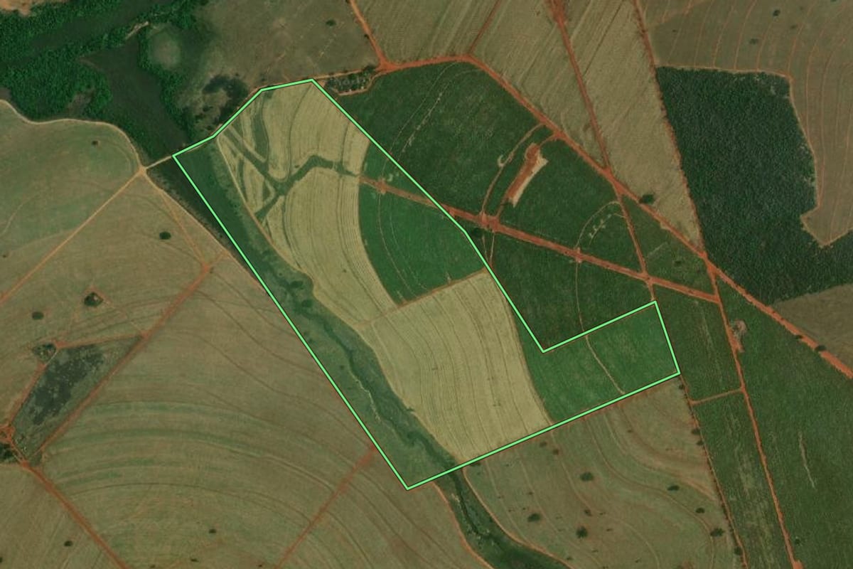 Imagem de satélite do imóvel rural em Dracena (SP), com o contorno declarado no CAR desenhado por cima.