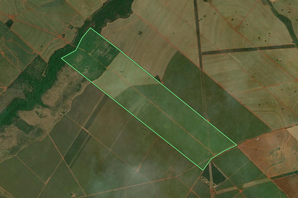 Imagem de satélite do imóvel rural em Dracena (SP), com o contorno declarado no CAR desenhado por cima.