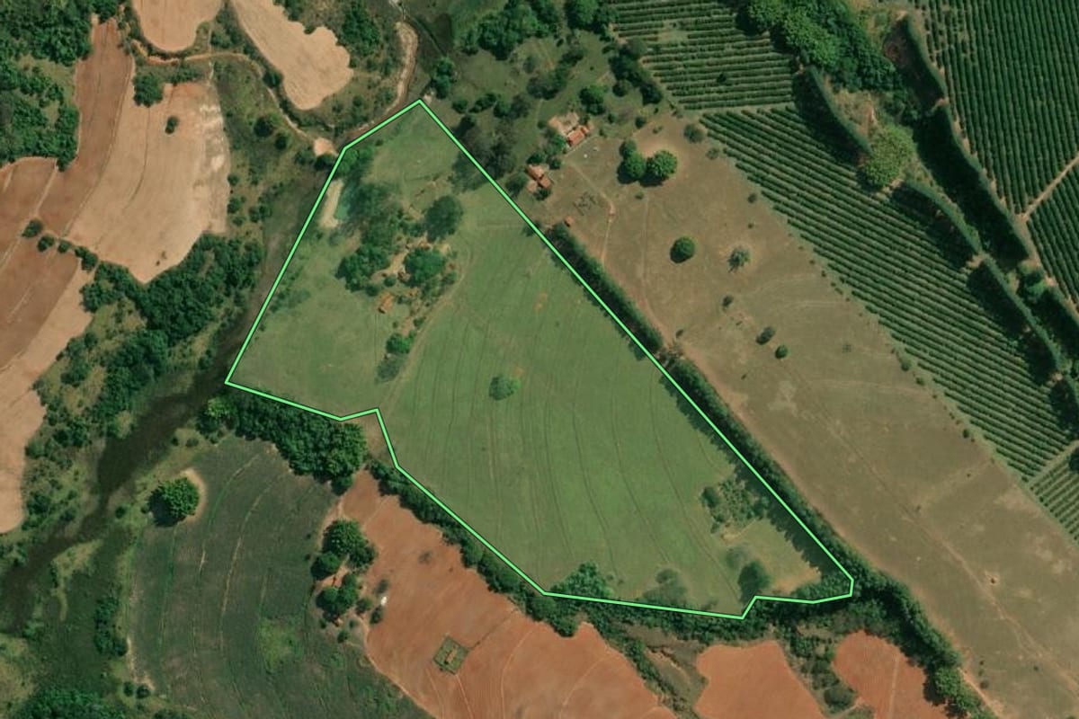 Imagem de satélite do imóvel rural em Duartina (SP), com o contorno declarado no CAR desenhado por cima.