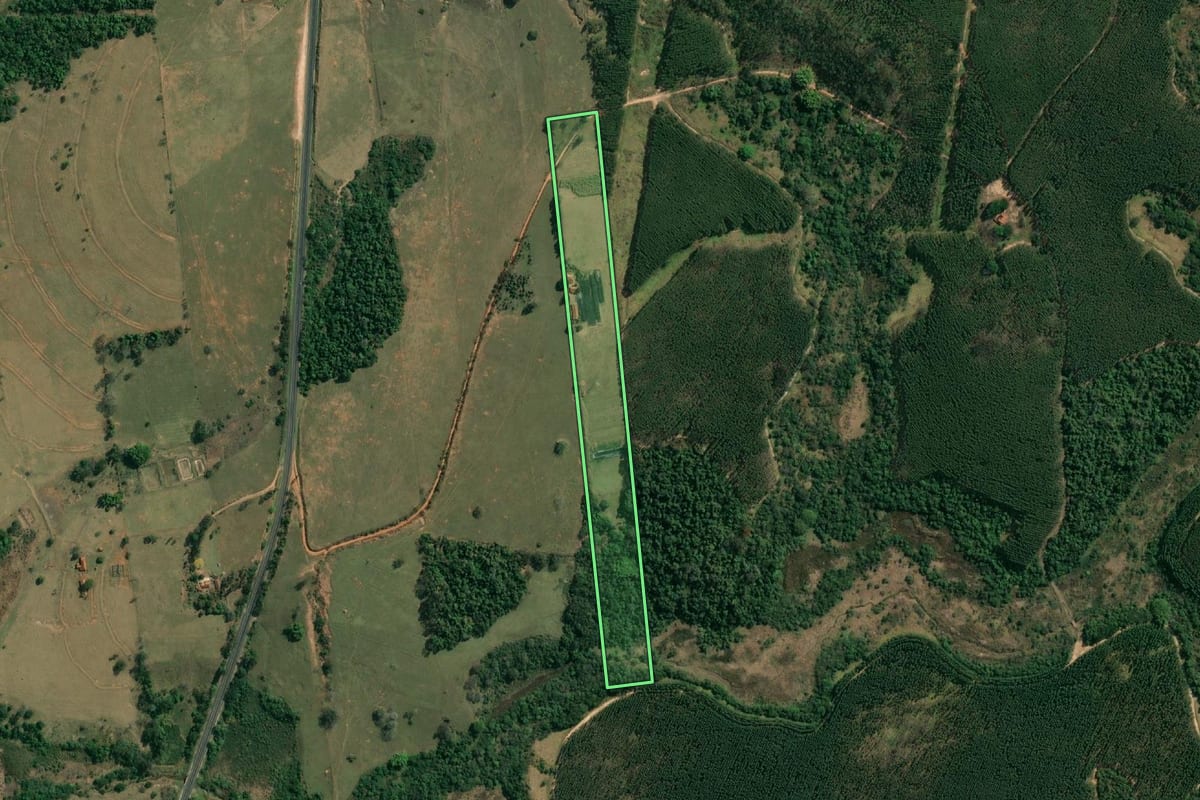 Imagem de satélite do imóvel rural em Duartina (SP), com o contorno declarado no CAR desenhado por cima.