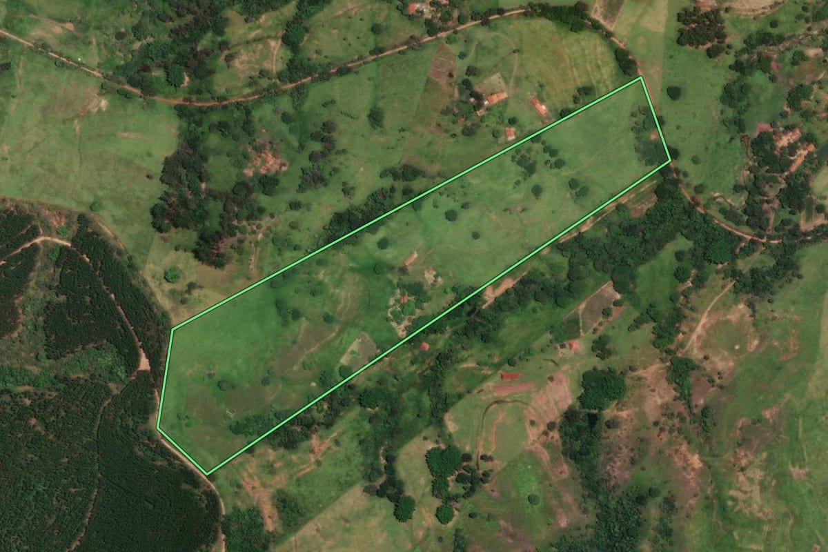 Imagem de satélite do imóvel rural em Duartina (SP), com o contorno declarado no CAR desenhado por cima.