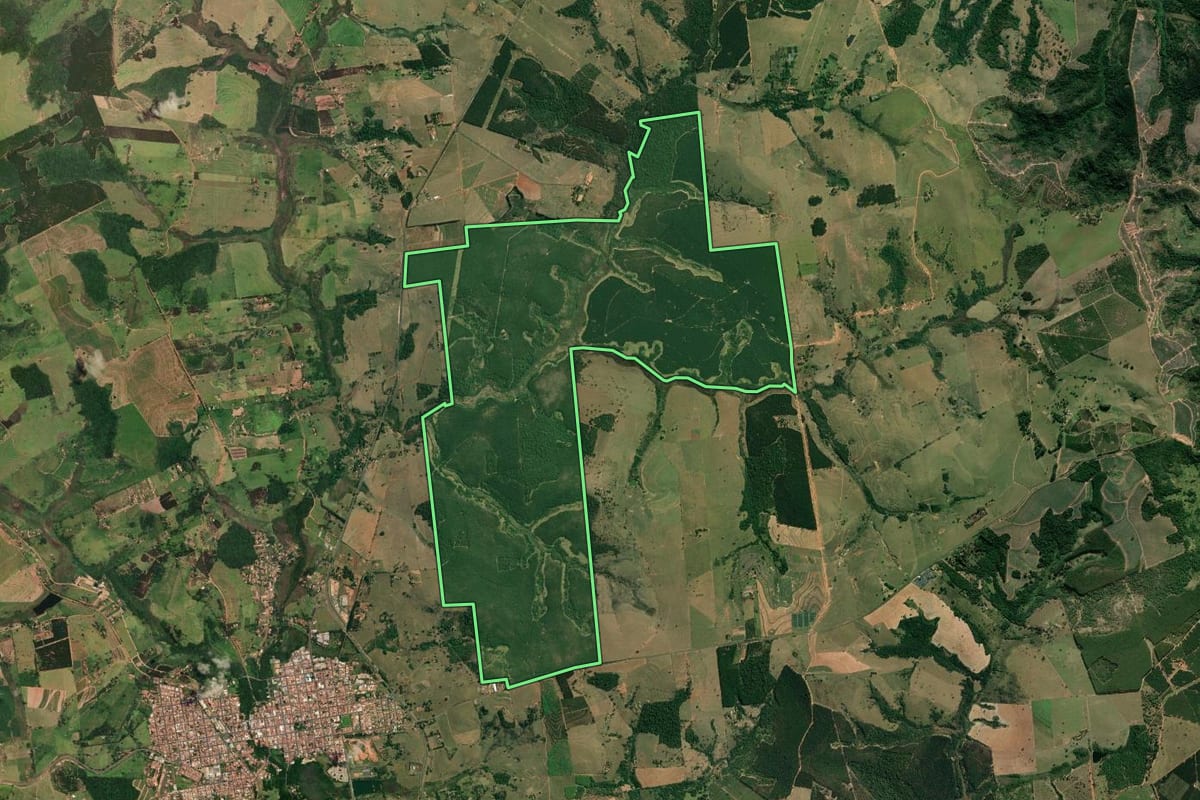 Imagem de satélite do imóvel rural em Duartina (SP), com o contorno declarado no CAR desenhado por cima.