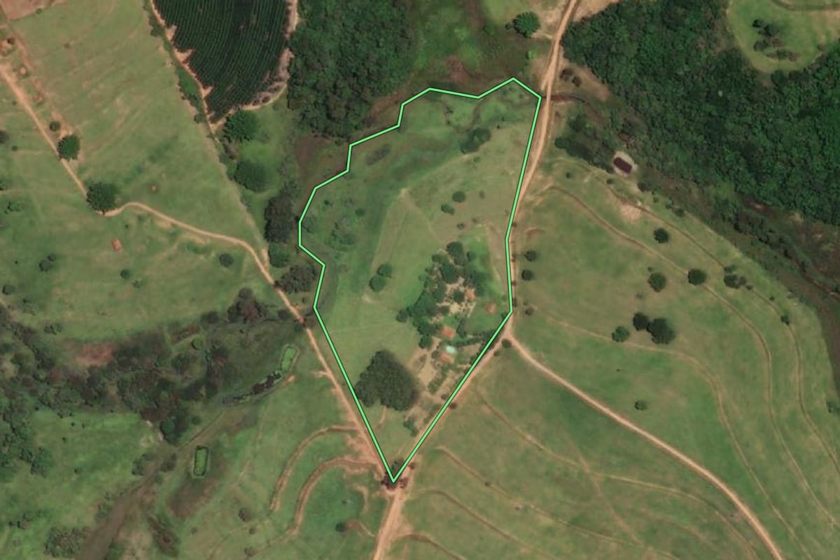 Imagem de satélite do imóvel rural em Duartina (SP), com o contorno declarado no CAR desenhado por cima.