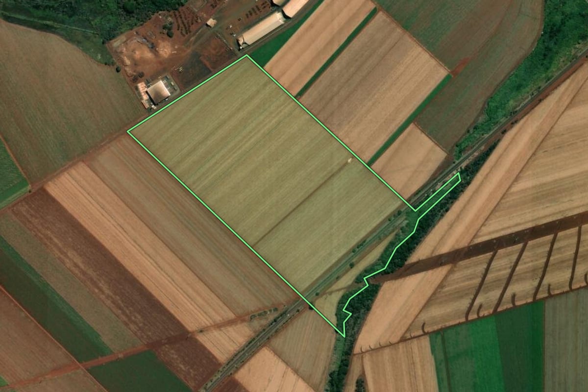 Imagem de satélite do imóvel rural em Dumont (SP), com o contorno declarado no CAR desenhado por cima.