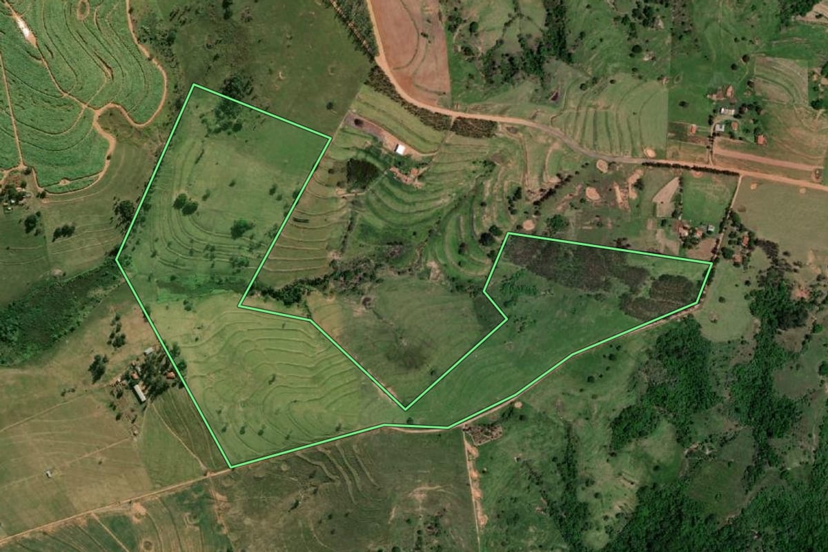 Imagem de satélite do imóvel rural em Echaporã (SP), com o contorno declarado no CAR desenhado por cima.