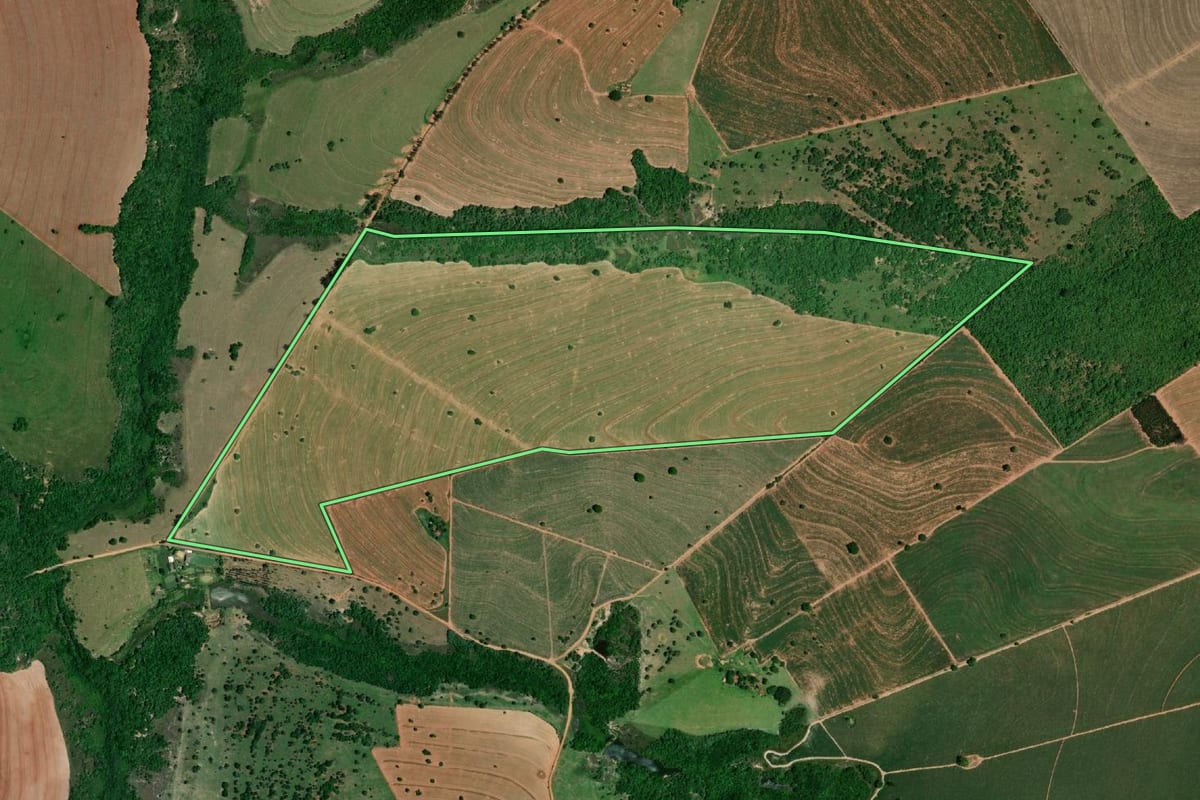 Imagem de satélite do imóvel rural em Echaporã (SP), com o contorno declarado no CAR desenhado por cima.