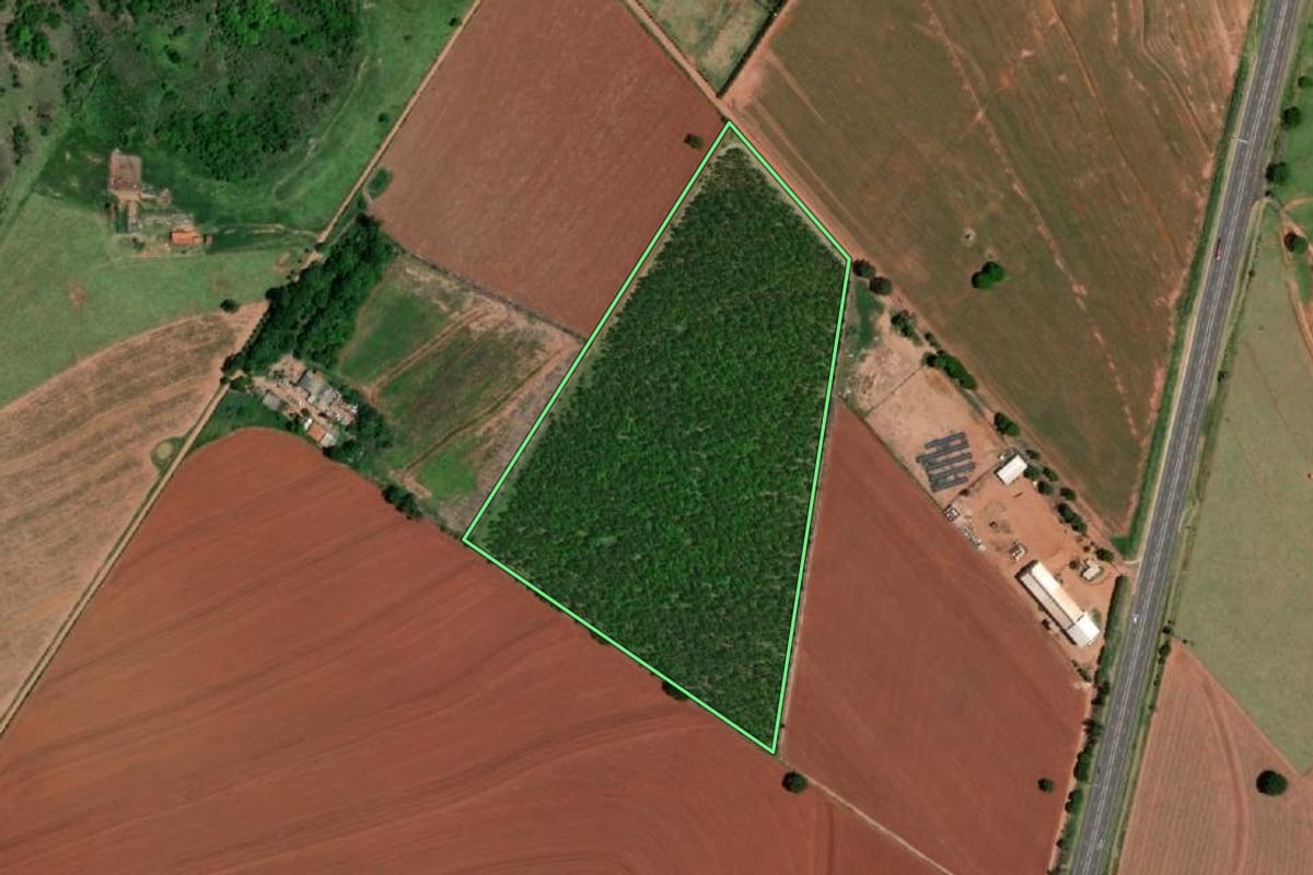 Imagem de satélite do imóvel rural em Echaporã (SP), com o contorno declarado no CAR desenhado por cima.