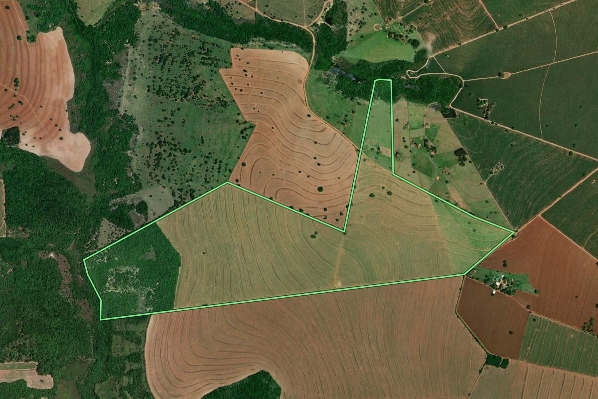 Imagem de satélite do imóvel rural em Echaporã (SP), com o contorno declarado no CAR desenhado por cima.