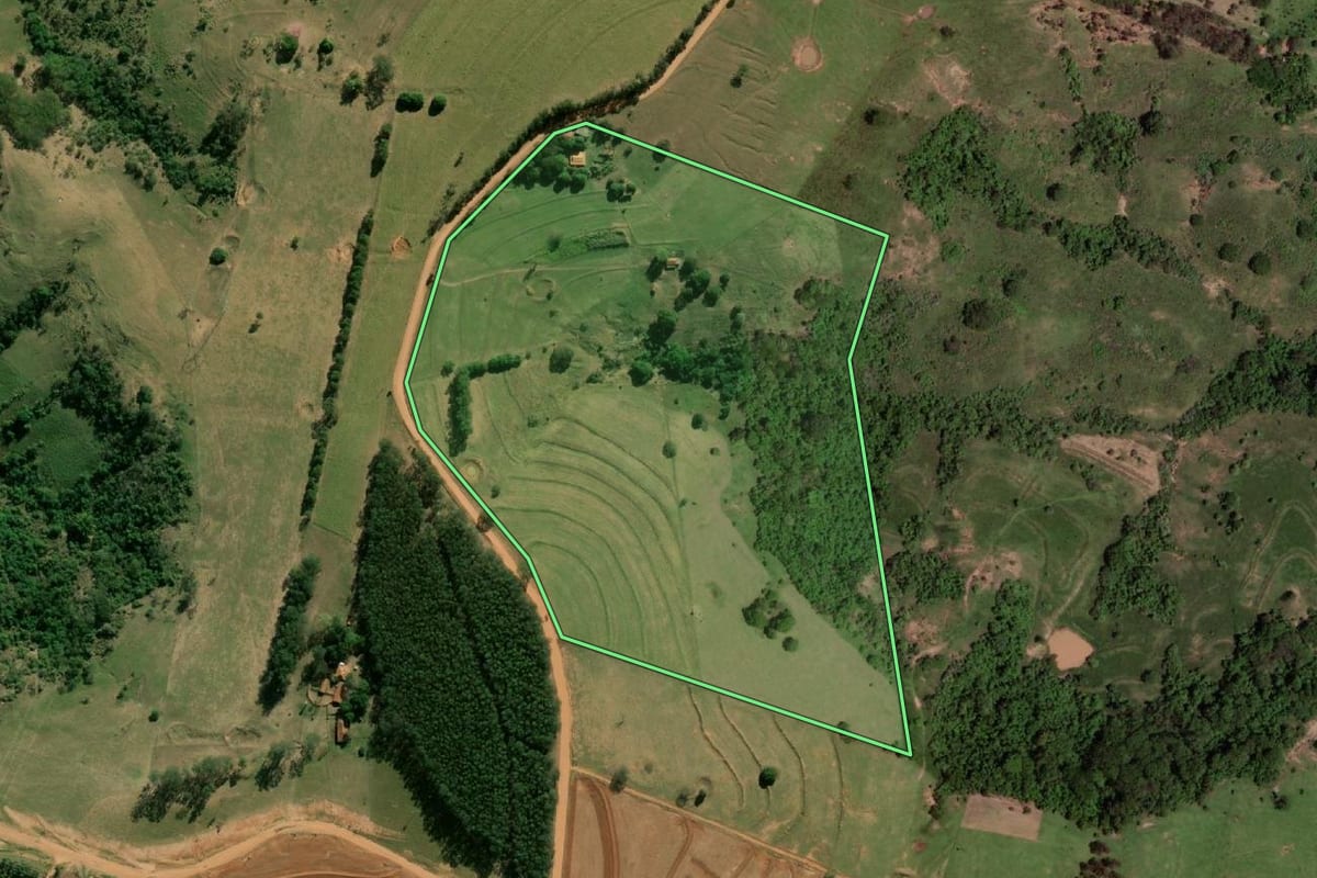 Imagem de satélite do imóvel rural em Echaporã (SP), com o contorno declarado no CAR desenhado por cima.