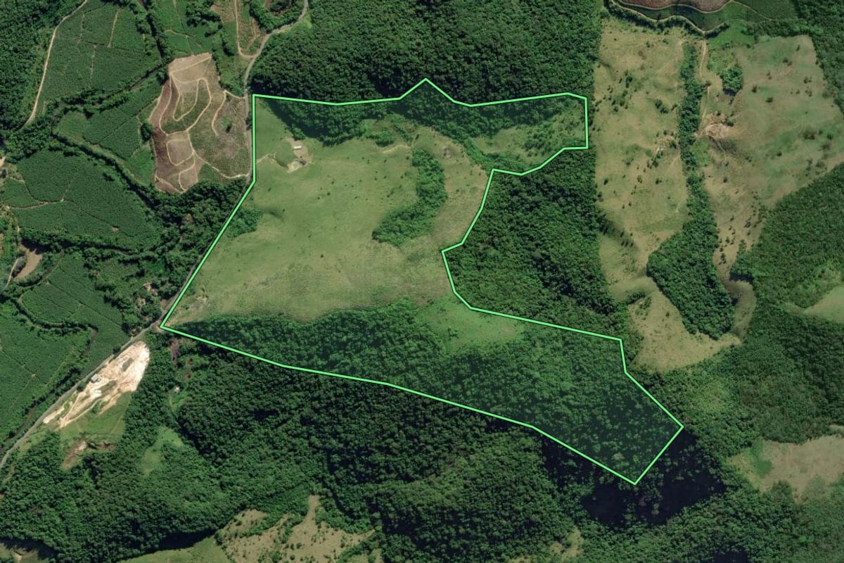 Imagem de satélite do imóvel rural em Eldorado (SP), com o contorno declarado no CAR desenhado por cima.