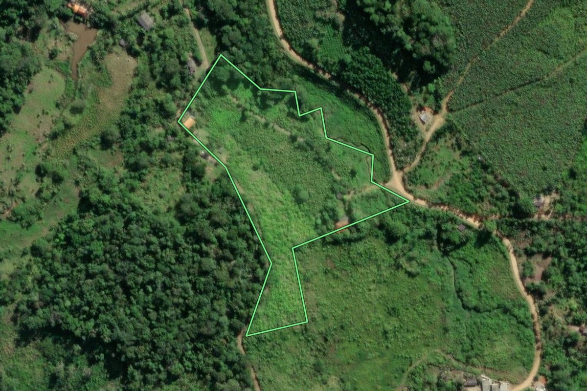 Imagem de satélite do imóvel rural em Eldorado (SP), com o contorno declarado no CAR desenhado por cima.
