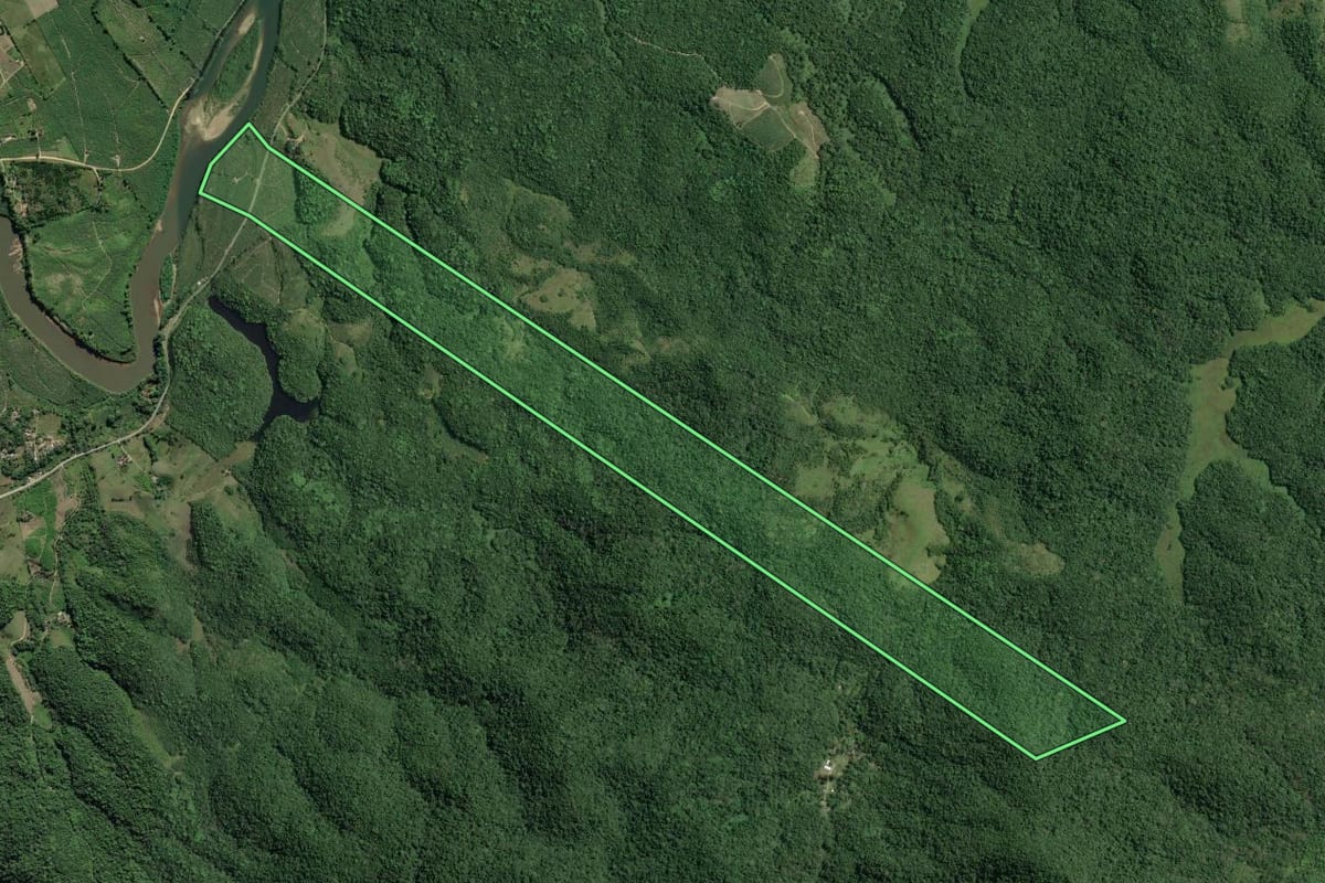 Imagem de satélite do imóvel rural em Eldorado (SP), com o contorno declarado no CAR desenhado por cima.