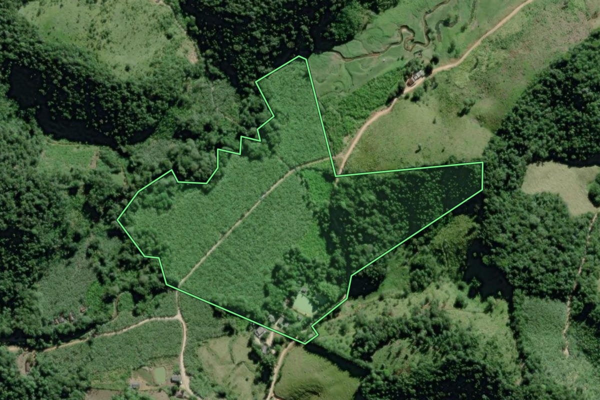 Imagem de satélite do imóvel rural em Eldorado (SP), com o contorno declarado no CAR desenhado por cima.