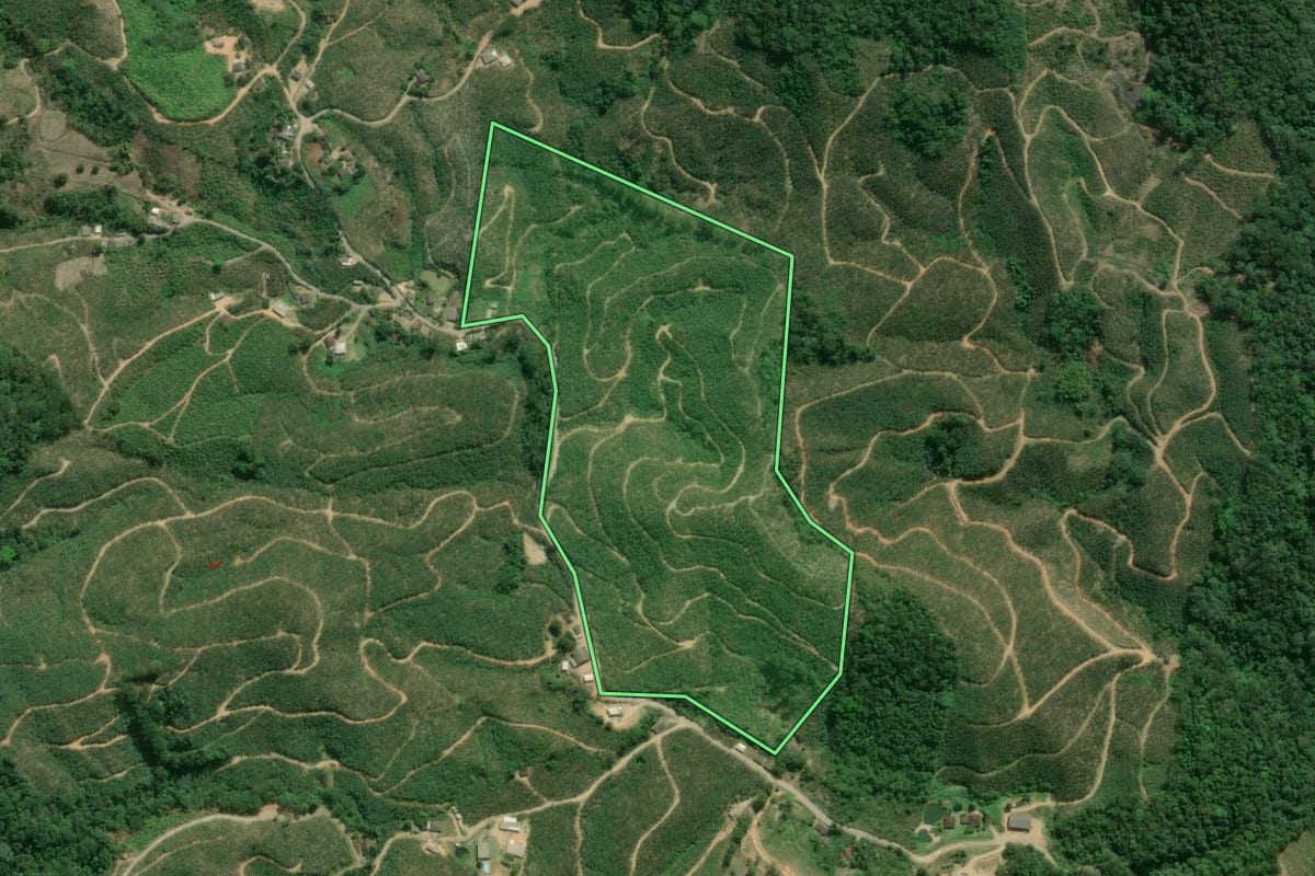 Imagem de satélite do imóvel rural em Eldorado (SP), com o contorno declarado no CAR desenhado por cima.