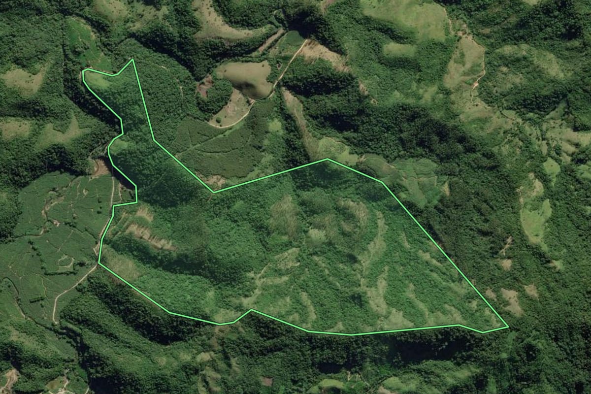 Imagem de satélite do imóvel rural em Eldorado (SP), com o contorno declarado no CAR desenhado por cima.