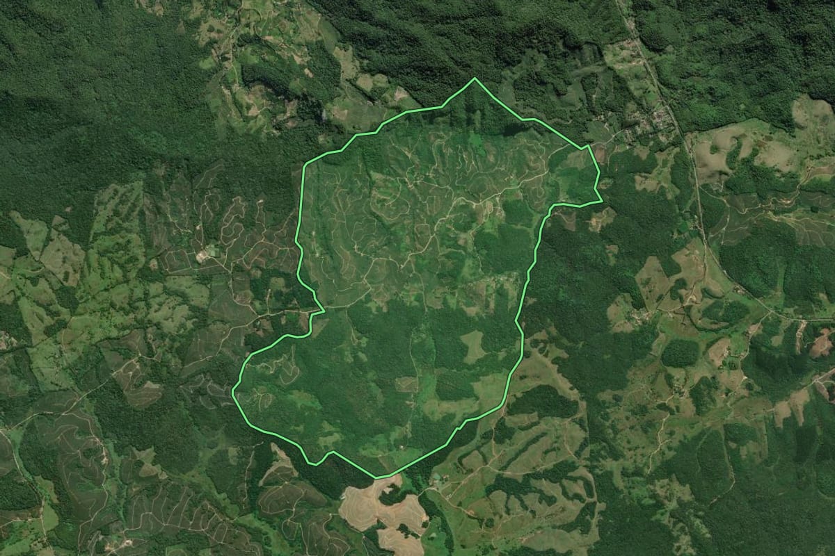 Imagem de satélite do imóvel rural em Eldorado (SP), com o contorno declarado no CAR desenhado por cima.