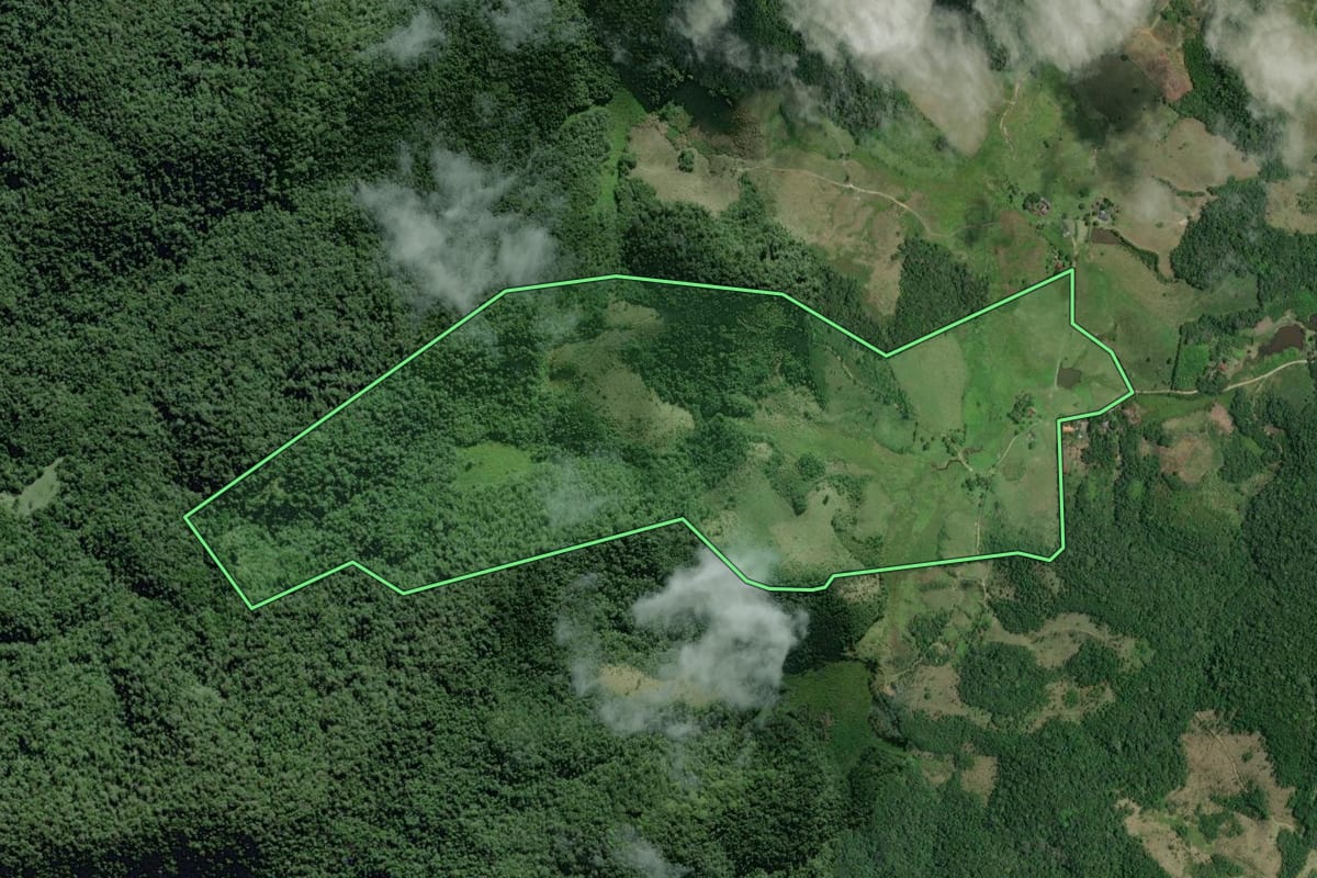 Imagem de satélite do imóvel rural em Eldorado (SP), com o contorno declarado no CAR desenhado por cima.
