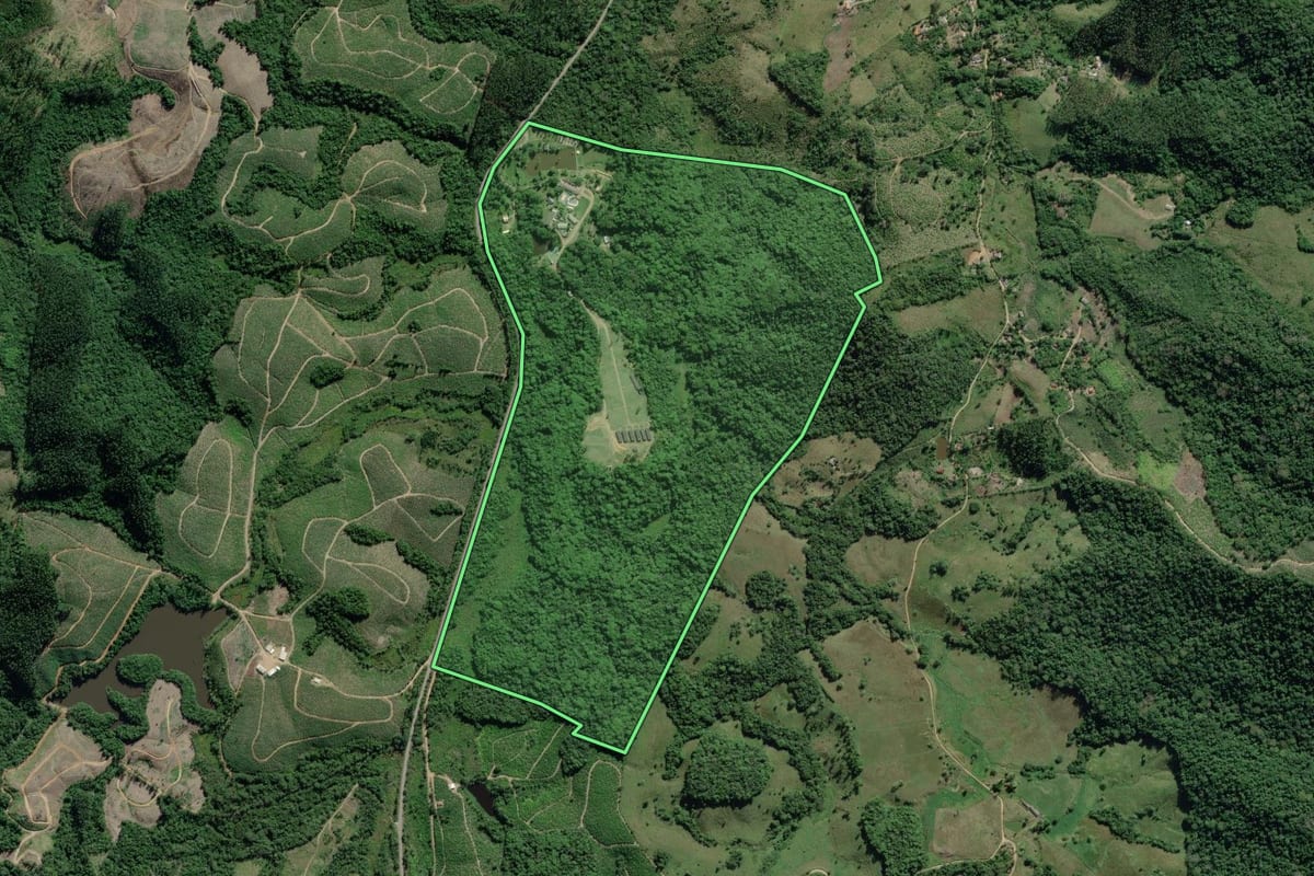 Imagem de satélite do imóvel rural em Eldorado (SP), com o contorno declarado no CAR desenhado por cima.