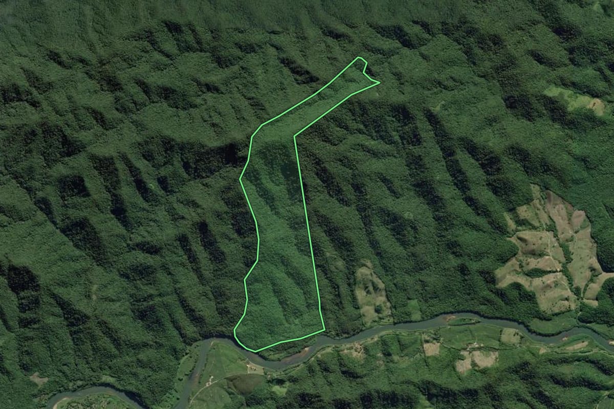 Imagem de satélite do imóvel rural em Eldorado (SP), com o contorno declarado no CAR desenhado por cima.