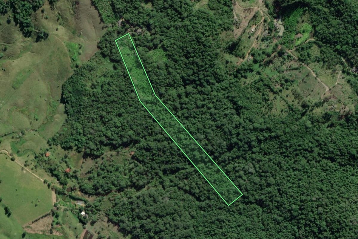 Imagem de satélite do imóvel rural em Eldorado (SP), com o contorno declarado no CAR desenhado por cima.
