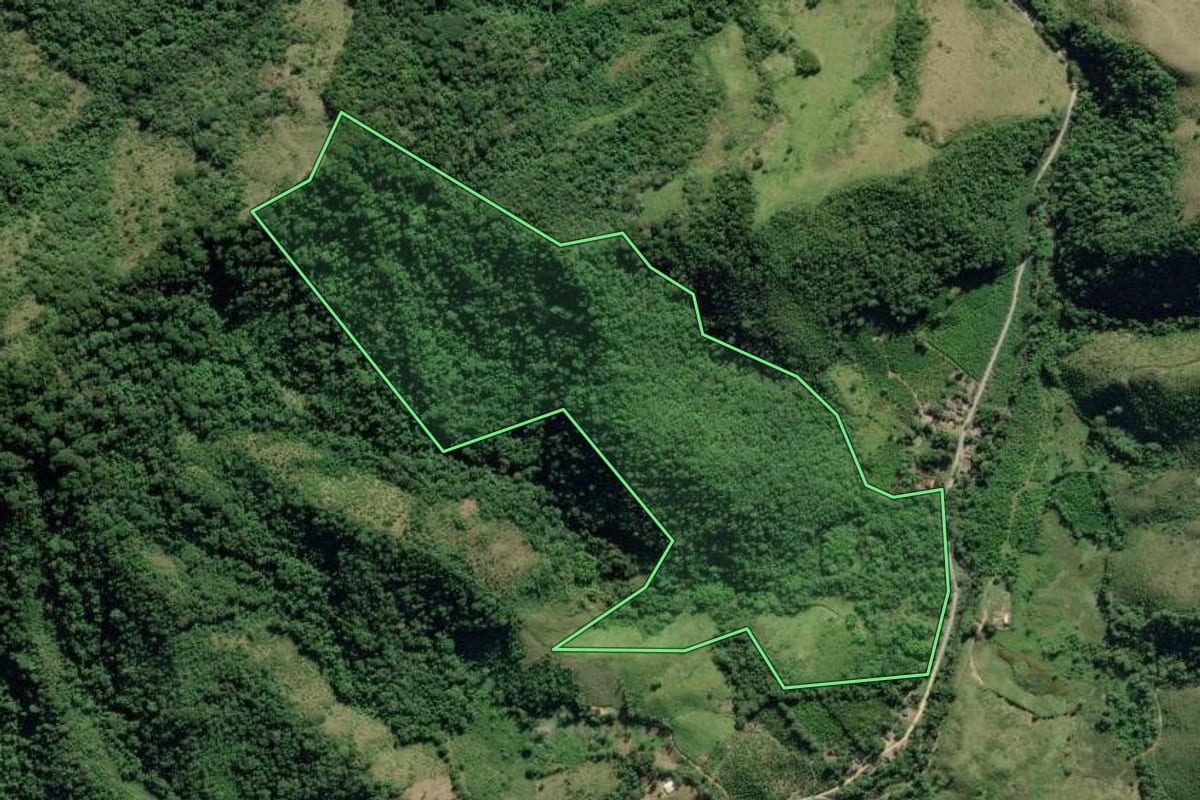 Imagem de satélite do imóvel rural em Eldorado (SP), com o contorno declarado no CAR desenhado por cima.