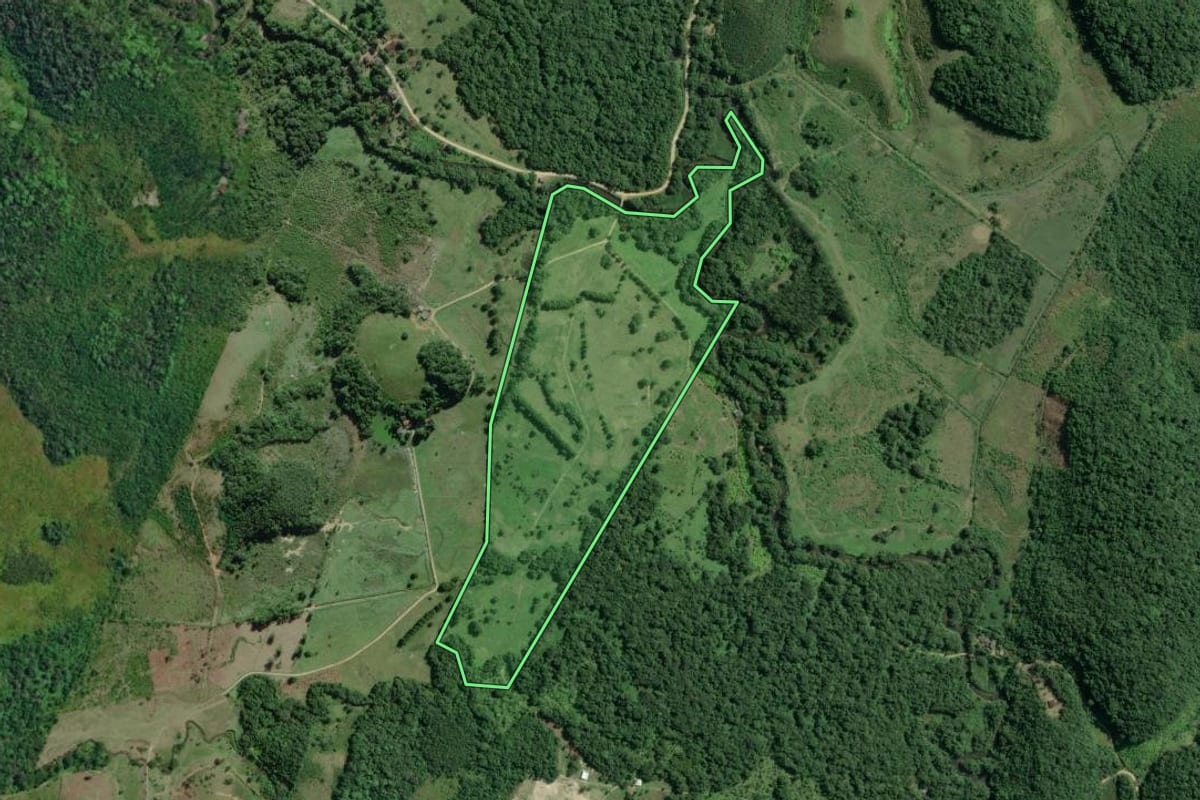 Imagem de satélite do imóvel rural em Eldorado (SP), com o contorno declarado no CAR desenhado por cima.