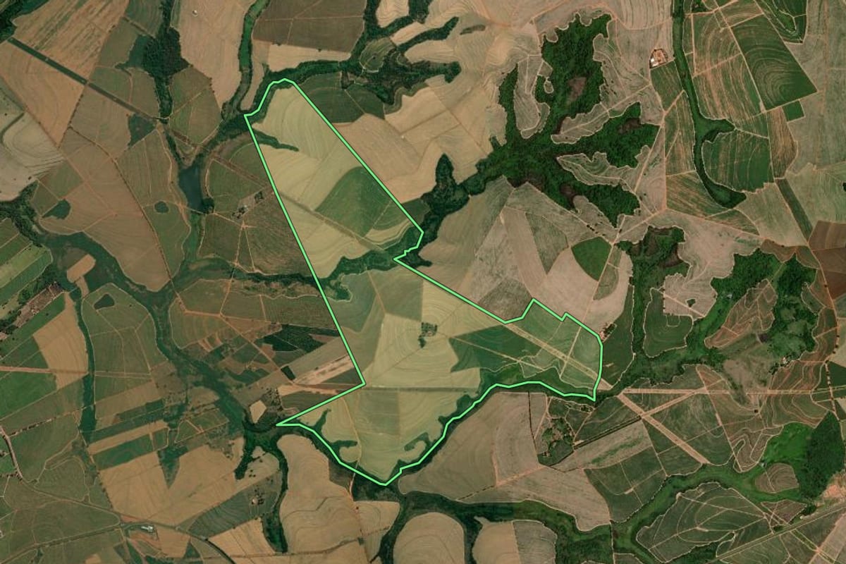 Imagem de satélite do imóvel rural em Elisiário (SP), com o contorno declarado no CAR desenhado por cima.