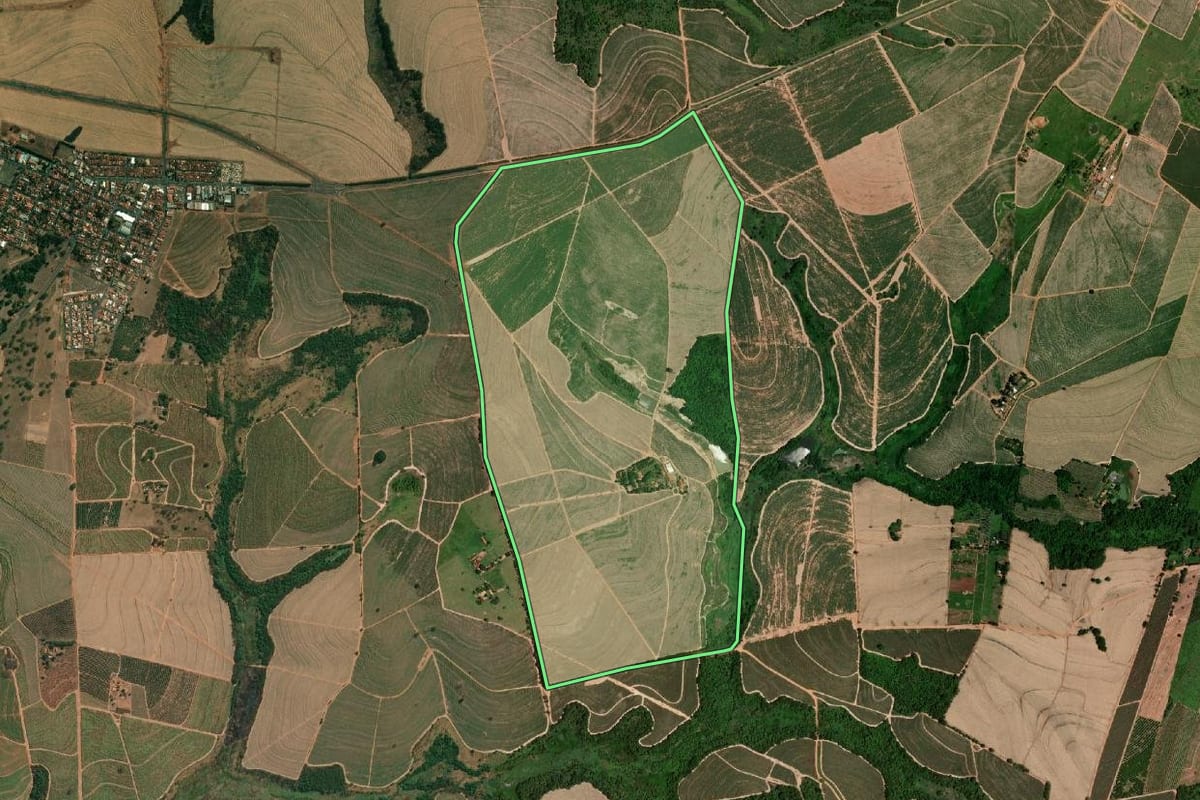 Imagem de satélite do imóvel rural em Elisiário (SP), com o contorno declarado no CAR desenhado por cima.