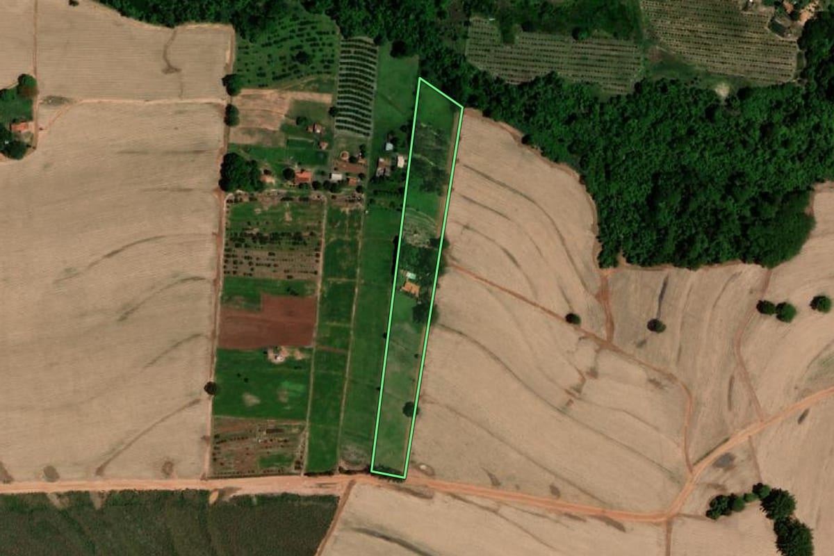 Imagem de satélite do imóvel rural em Elisiário (SP), com o contorno declarado no CAR desenhado por cima.